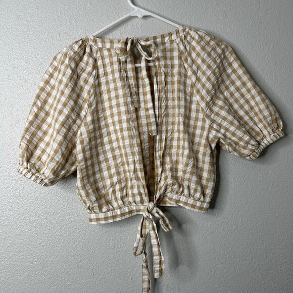 BP Gingham Balloon Sleeve Cotton Top Ivory Beige Size Small Chic leisure - Picture 7 of 8